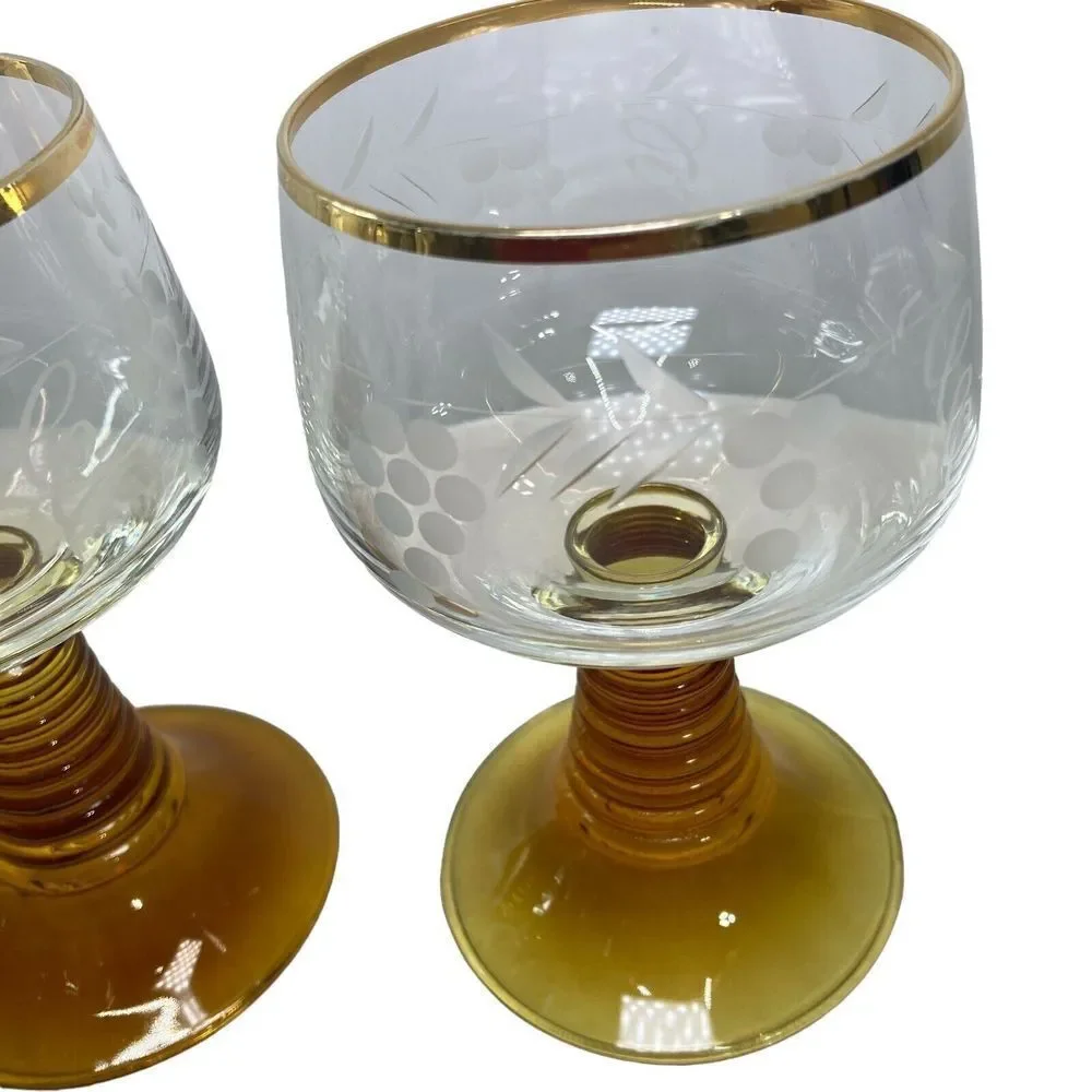 7 Roemer Amber Brown Beehive‎ Etched Grapes Gold Trim Wine Glasses Vintage